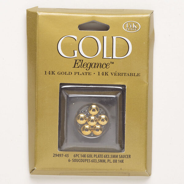 Bead, copper, pkg/6, gold plate, 6x4mm saucer. image number 0