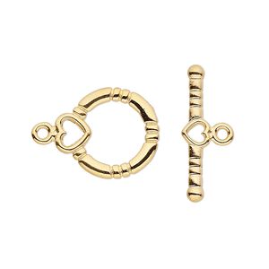 Clasp, toggle, gold-plated brass, 14x13mm round with hearts. Sold per pkg of 10.