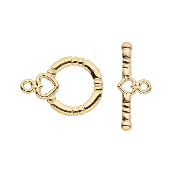 Clasp, toggle, gold-plated brass, 14x13mm round with hearts. Sold per pkg of 10. image number 0