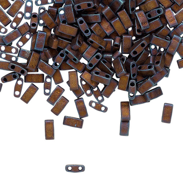 Seed bead, TILA®, glass, pkg/10g, 5x2.3mm half tila rectangle, opaque matte metallic dark raspberry, (HTL-2005). image number 0