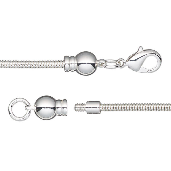 Dione®, Easy-On Chain, silver-plated brass, 2mm snake, 18 inches with 3.3mm threaded ball end and lobster claw clasp. Sold individually. image number 0