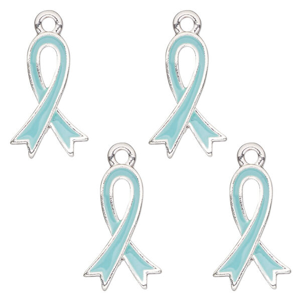 Charm, antique silver-finished enamel "pewter" (zinc-based alloy), aqua blue, 18x12mm single-sided awareness ribbon. Sold per pkg of 4. image number 0