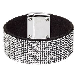 Bracelet, glass rhinestone / faux suede / imitation rhodium-plated "pewter" (zinc-based alloy), black and metallic silver, 31mm wide, 6-1/2 inches with magnetic clasp. Sold individually.