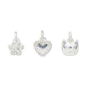 Charm assortment, silver-finished "pewter" (zinc-based alloy) and glass rhinestone, clear, 9x8mm heart / 8x8mm cat face / 8x7mm paw print. Sold per 3-piece set.