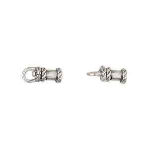 Crimp end, JBB Findings, antique silver-plated brass, 8x5mm tube with swivel, loop and rope trim design, 2mm inside diameter. Sold per pkg of 2.