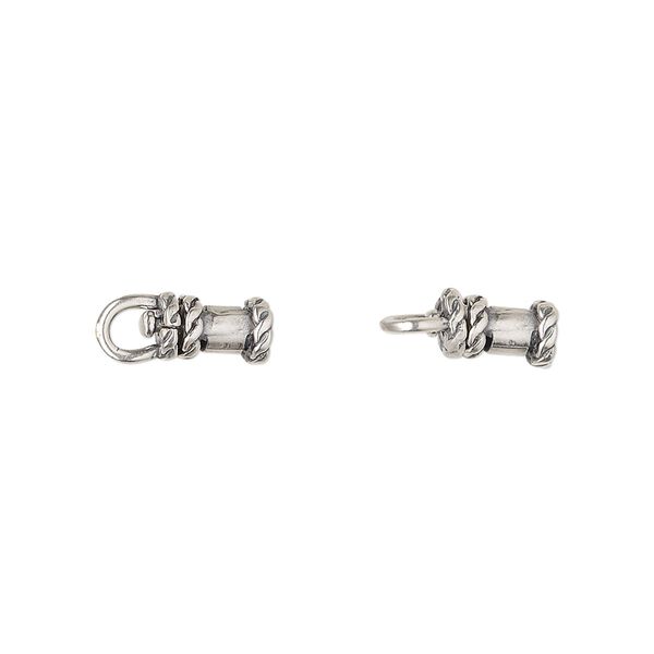 Crimp end, JBB Findings, antique silver-plated brass, 8x5mm tube with swivel, loop and rope trim design, 2mm inside diameter. Sold per pkg of 2. image number 0
