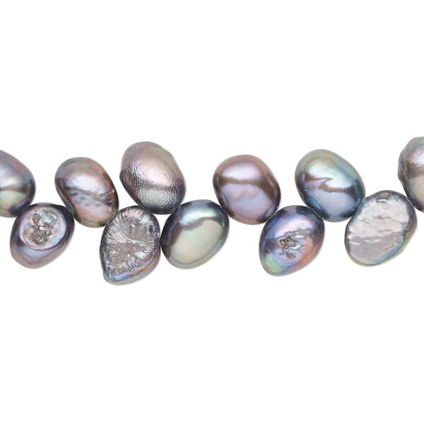 Pearl, cultured freshwater (dyed), silver peacock, 7x5mm-9x7mm herringbone-drilled flat-sided rice with 0.4-0.6mm hole, D grade, Mohs hardness 2-1/2 to 4. Sold per 15-inch strand. image number 0