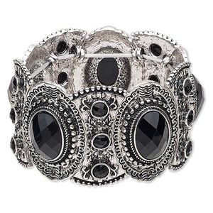Bracelet, stretch, acrylic and antique silver-finished "pewter" (zinc-based alloy), black, 38mm wide with oval design, 6 inches. Sold individually.