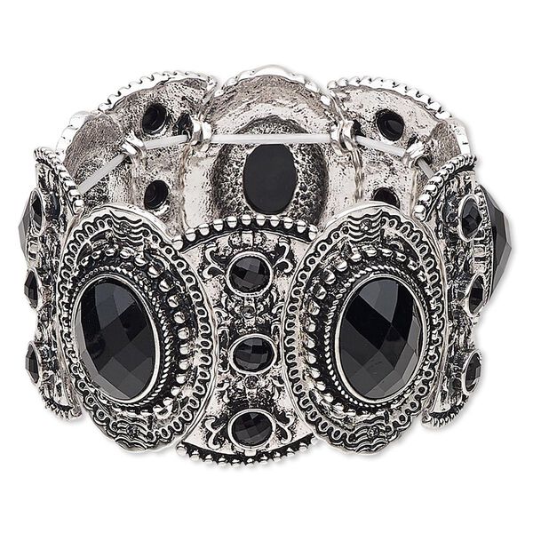 Bracelet, stretch, acrylic and antique silver-finished "pewter" (zinc-based alloy), black, 38mm wide with oval design, 6 inches. Sold individually. image number 0