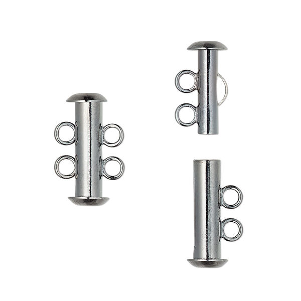 Clasp, 2-strand slide lock, gunmetal-plated brass, 16x6mm tube. Sold per pkg of 10. image number 0