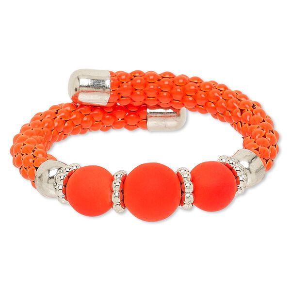 Bracelet, acrylic / silver-coated plastic / silver-finished steel / painted steel memory wire, neon orange, 16mm wide, adjustable from 6-1/2 to 7-1/2. Sold individually. image number 0