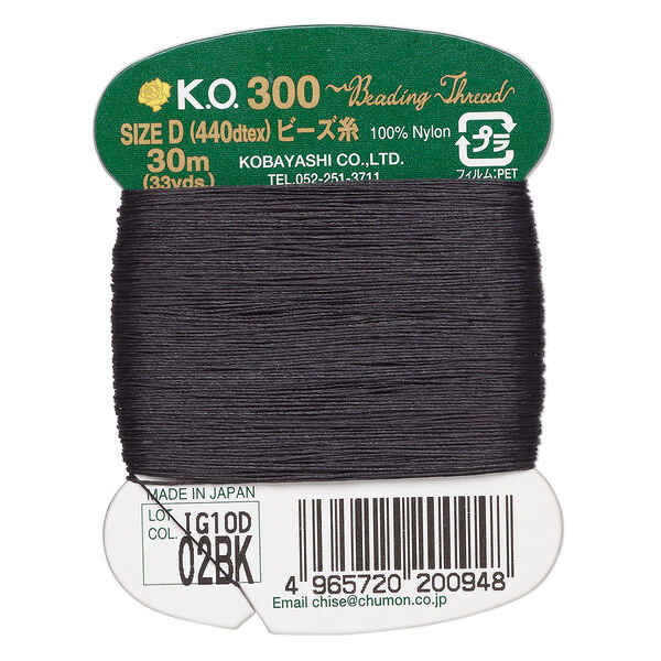 Thread, K.O., waxed nylon, black, 0.15mm diameter, 4-pound test. Sold per 33 yard card. image number 0