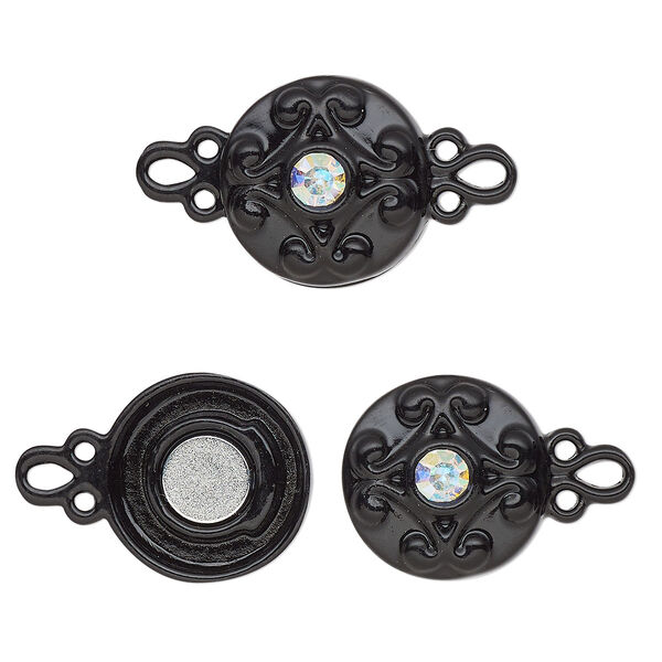 Clasp, magnetic, black-finished "pewter" (zinc-based alloy) and glass, clear AB, 12mm double-sided round. Sold per pkg of 2. image number 0