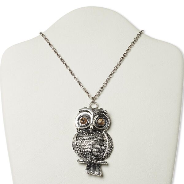 Necklace, antique silver-plated steel and "pewter" (zinc-based alloy) with glass rhinestone, light brown, 3 x 1-3/4 inch owl, 22 inches with 3-inch extender chain and lobster claw clasp. Sold individually. image number 0