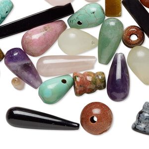 Multi-gemstone / glass 1pkg25, top-drilled / half-drilled mixed shape bead mix 9x5mm-25x13mm