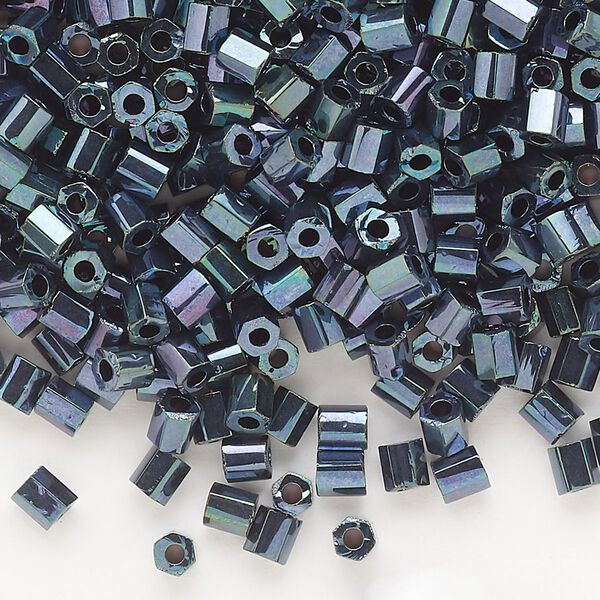 Seed bead, Dyna-Mites™, glass, opaque iris green #6 hex 2-cut. Sold per 40-gram pkg. image number 0