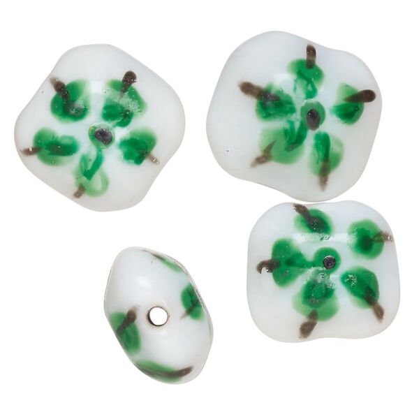 Bead, lampworked glass, opaque white / black / teal green, 17-16mm-14x13mm puffed rectangle with double-sided painted flower design. Sold per pkg of 4. image number 0