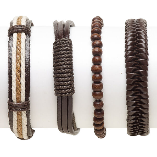 Bracelet mix, Everyday Jewelry, leather (dyed) / faux leather (dyed) / Japanese pagoda wood / waxed cotton cord, brown and white, 5-13.5mm wide, 7-8 inches. Sold per pkg of 4. image number 0