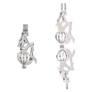 Pendant, imitation rhodium-finished "pewter" (zinc-based alloy), 43x19mm two-sided mermaid bead cage, fits 8mm round bead. Sold individually.