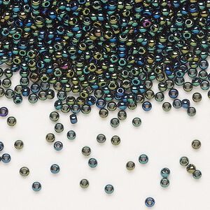 Seed bead, Preciosa Ornela Czech glass, pkg/500g, #11 rocaille, opaque green iris black, (59155).