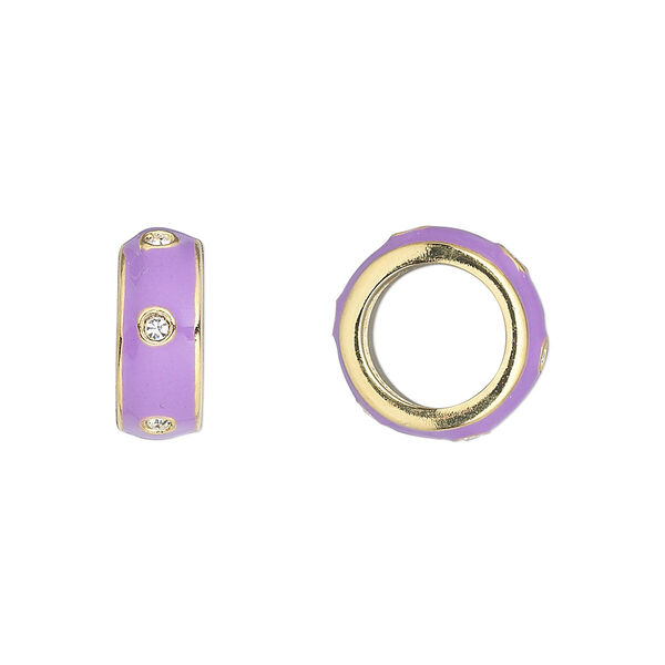 Bead, Dione®, enamel / crystals / gold-finished "pewter" (zinc-based alloy), lavender and crystal clear, 14x5.5mm. Sold individually. image number 0