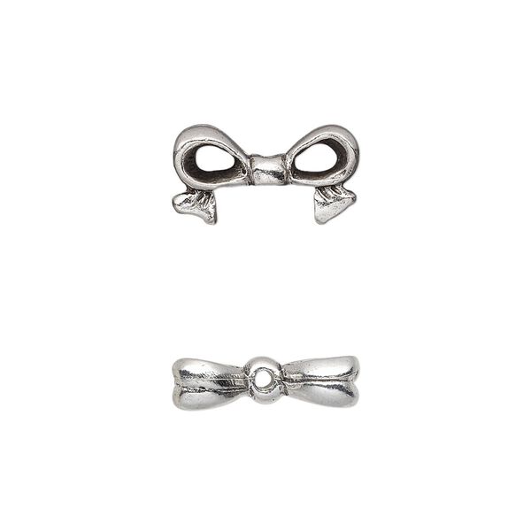 Bead, pewter (tin-based alloy), pkg/1, antique silver plate, 16x9mm double-sided bow, fits 8mm cube. image number 0
