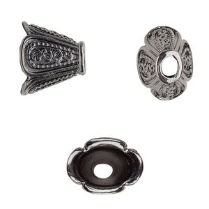 Cone, gunmetal-finished "pewter" (zinc-based alloy), 16x13x12mm flat oval flower, 10.5x7mm inside diameter. Sold per pkg of 6.