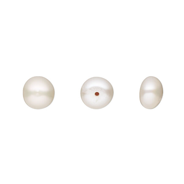 Pearl, White Lotus™, cultured freshwater (bleached), white, 7-7.5mm half-drilled button, B grade, Mohs hardness 2-1/2 to 4. Sold per pair. image number 0