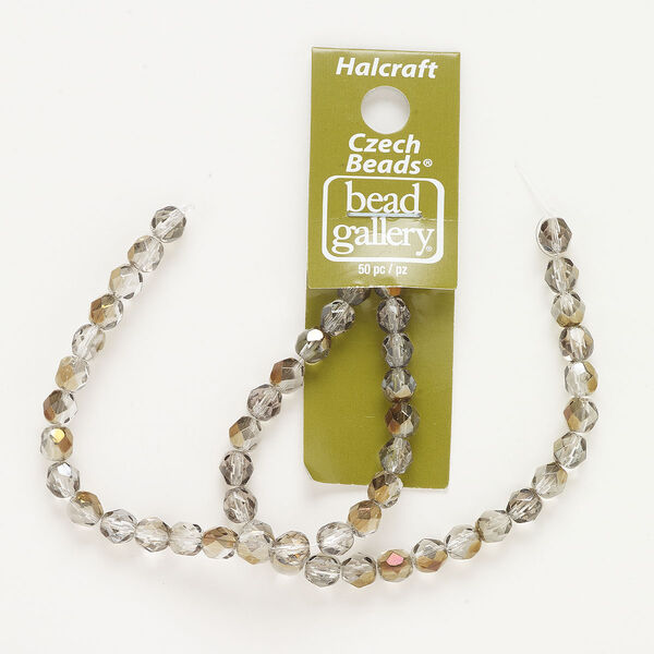 Bead, fire-polished glass, opaque half-coated bronze clear AB, 6mm top-drilled faceted round. Sold per pkg of 50. image number 0