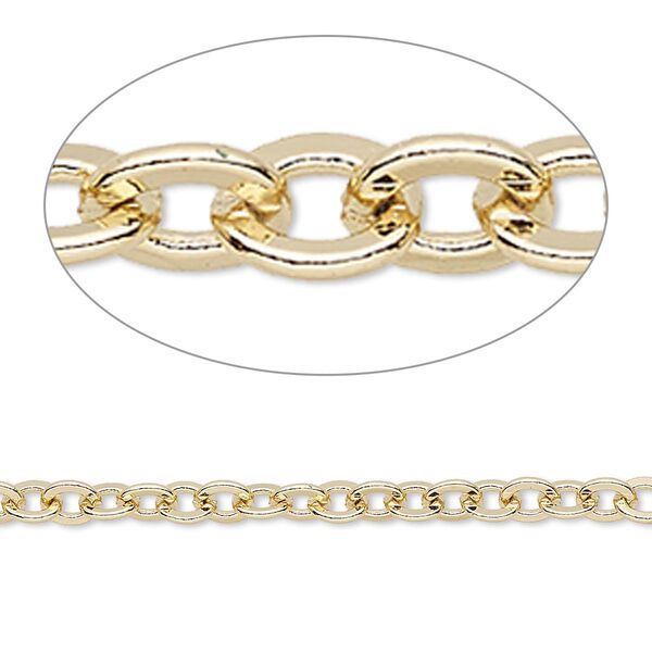 Chain, gold-finished brass, 4mm flat cable. Sold per pkg of 5 feet. image number 0