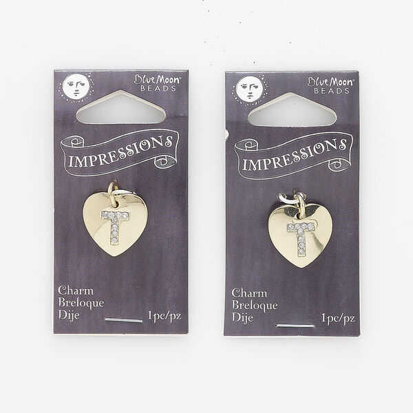 Charm, gold-finished "pewter" (zinc-based alloy) / steel / acrylic rhinestone, clear, 15.5x15mm single-sided puffed heart with letter "T." Sold per pkg of 2. image number 0
