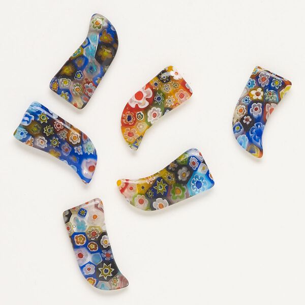 Component, millefiori glass, translucent multicolored, 25x12mm-28x14mm undrilled talon. Sold per pkg of 6. image number 0