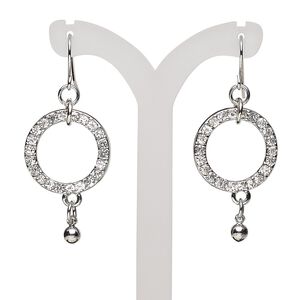 Earring, glass rhinestone with imitation rhodium-finished steel and "pewter" (zinc-based alloy), clear, 2 inches with open round and fishhook ear wire. Sold per pair.