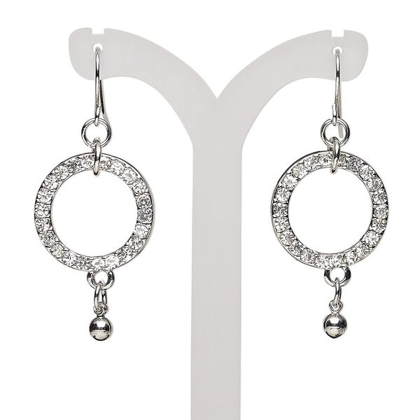 Earring, glass rhinestone with imitation rhodium-finished steel and "pewter" (zinc-based alloy), clear, 2 inches with open round and fishhook ear wire. Sold per pair. image number 0