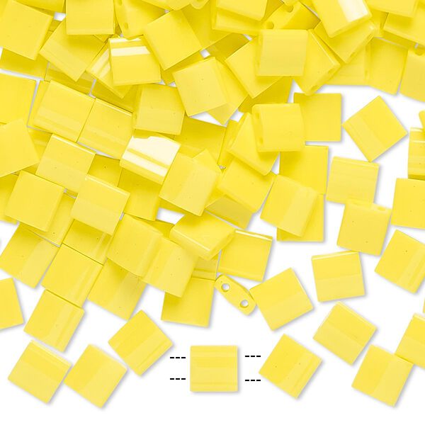 Seed bead, TILA®, glass, pkg/250g, 5mm full tila square, opaque yellow, (TL-404). image number 0