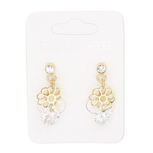 Earring, cubic zirconia / glass rhinestone / gold-finished stainless steel, clear, 24mm with open flower and post. Sold per pair.
