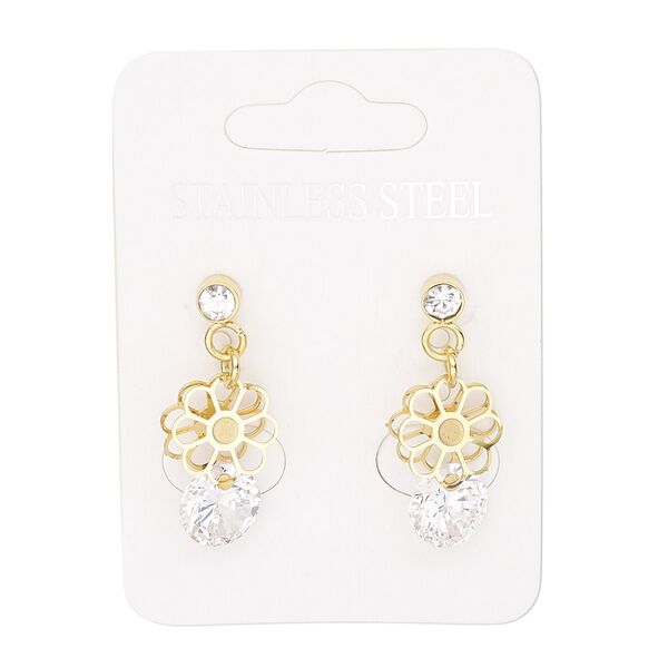 Earring, cubic zirconia / glass rhinestone / gold-finished stainless steel, clear, 24mm with open flower and post. Sold per pair. image number 0