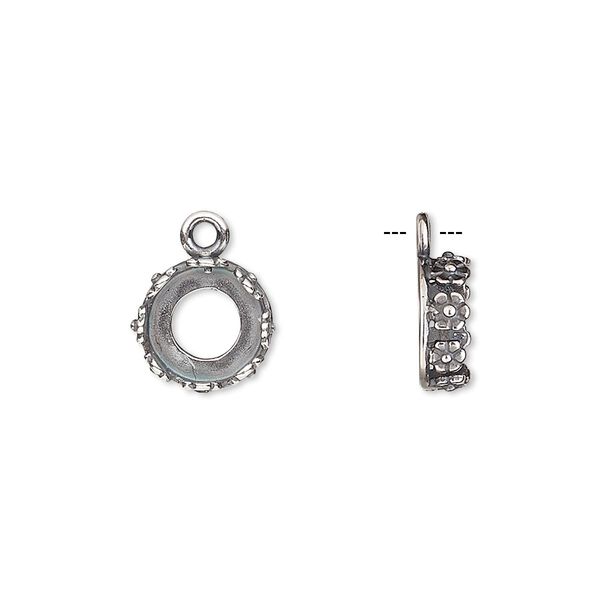 Drop, JBB Findings, antique silver-plated brass, 10mm round with open back and flower design trim, 8mm round bezel setting. Sold per pkg of 2. image number 0