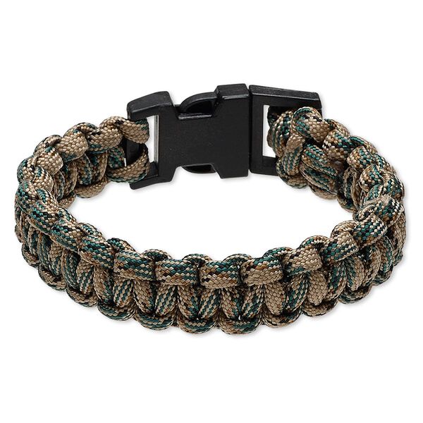 Bracelet, nylon paracord and plastic, green / brown / black, 18mm wide survival with camo design, 7 inches with buckle clasp. Sold individually. image number 0