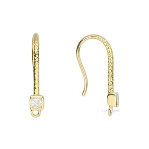 Ear wire fishhook 1pkg2 sterling silver / cubic zirconia, 24mm textured / 4mm faceted square / closed loop, 15 gauge gold-finished / clear 1 pair