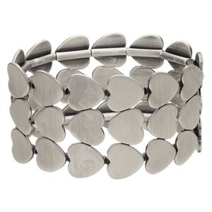 Bracelet, stretch, antiqued silver-plated steel, 41mm wide with 3-row heart, 7-1/2 inches. Sold individually.