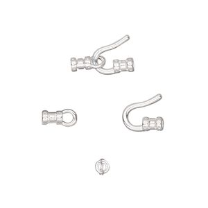 Clasp hook&eye 1pkg10 silver-plated, 13x7.5mm / crimp end / fits up to 1.5mm cord, brass 1-strand