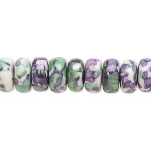 Bead, resin and painted ceramic, purple / green / white, 10x5mm rondelle. Sold per 15-1/2" to 16" strand.