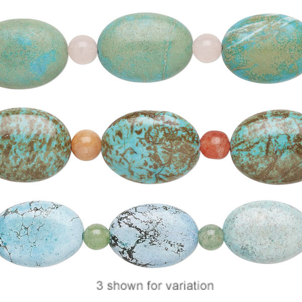 Bead mix, "turquoise" (imitation) resin and multi-gemstone (natural / dyed / heated), multicolored, 5-6mm round and 18x13mm-20x15mm puffed oval. Sold per pkg of 7. image number 0