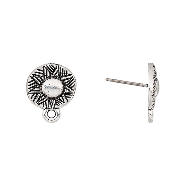 Earstud, TierraCast®, antique silver-plated pewter, 12mm woven round with rhythm theme and closed loop with titanium post. Sold per pkg of 5 pairs. image number 0