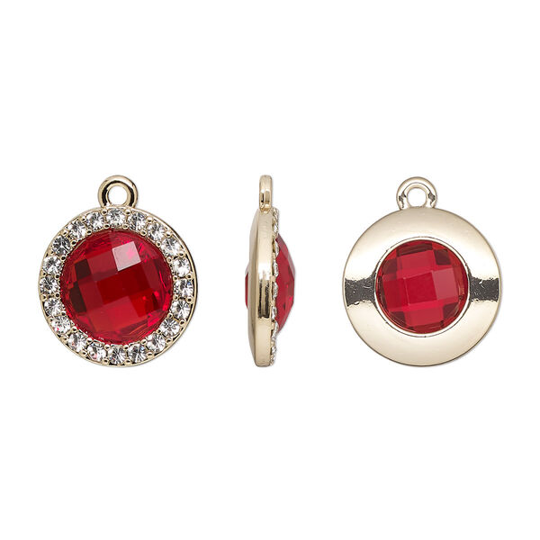 Drop, glass / glass rhinestone / gold-finished "pewter" (zinc-based alloy), clear and transparent ruby red, 17mm single-sided round. Sold per pkg of 2. image number 0