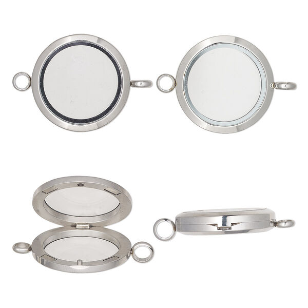 Pendant, glass and stainless steel, clear, 37x30mm hinged round with magnetic closure and loop. Sold individually. image number 0