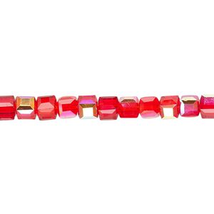 Bead 1pk 18 facets translucent red AB, Celestial Crystal® 4mm cube 15.5-16 inch