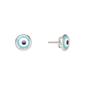 Earstud, enamel and sterling silver, turquoise blue / white / black, 8mm round with wards off the evil eye design and post. Sold per pair.
