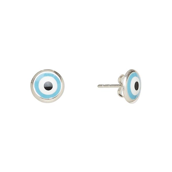 Earstud, enamel and sterling silver, turquoise blue / white / black, 8mm round with wards off the evil eye design and post. Sold per pair. image number 0